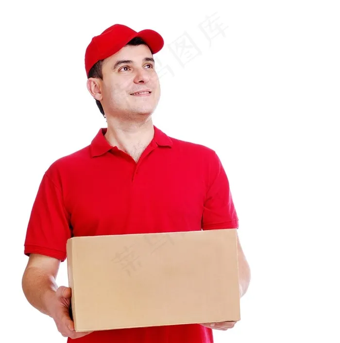 穿着工作服拿着纸箱包裹的快递员高清图片