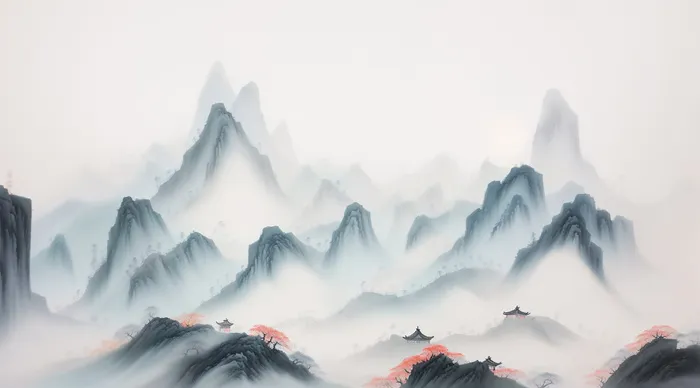 大气写意中国传统水墨画山水插画壁纸-红叶