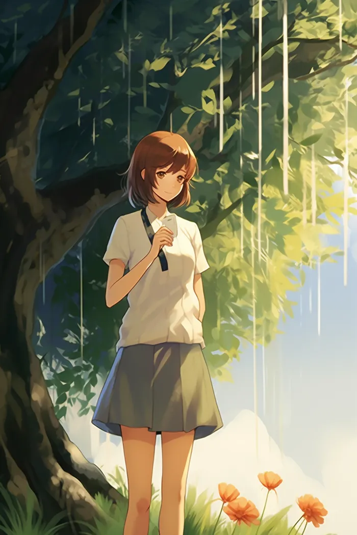 少女学生站在绿叶树下阳光卡通插画素材