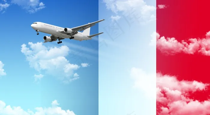 蓝天飞机法国国旗图片