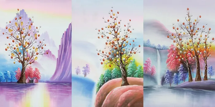 三联油画彩色山水装饰