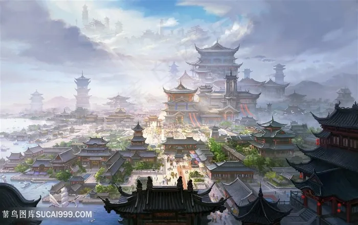 古代天空之上的城市与地上的城市中国风CG原画绘画图片
