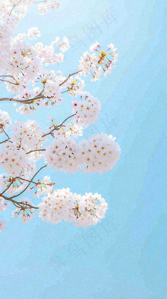 春天开满花朵的树冠仰拍蓝色天空，立春，春分摄影图