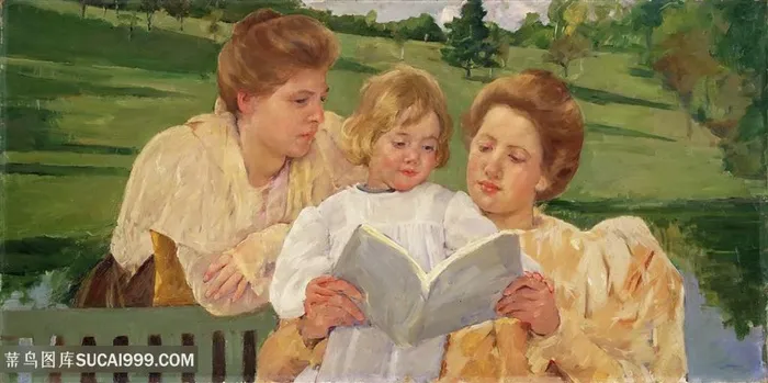 玛丽·卡萨特，美国，1844-1926-家庭小组阅读油画图片