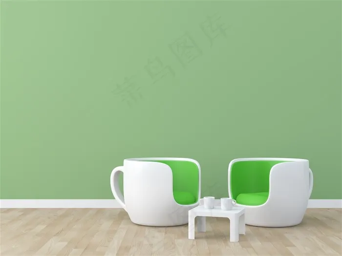 浅绿色清新壁纸装修和白色休闲沙发凳高清图片