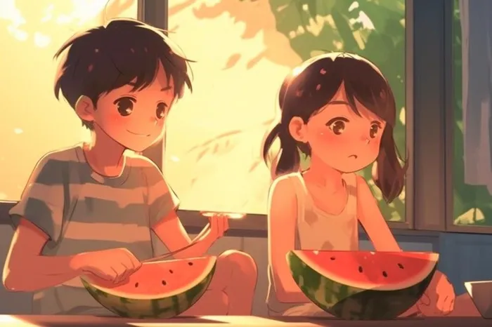 夏日卡通插画儿童吃西瓜动漫风背景