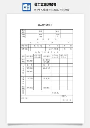 员工离职通知书word模板预览图