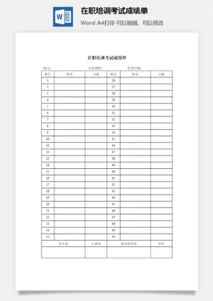 在职培训考试成绩单word模板预览图