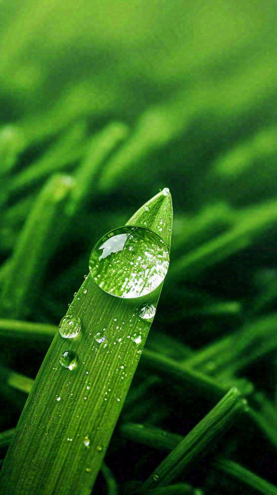 春天树叶草叶上晶莹剔透的水珠，雨水摄影图