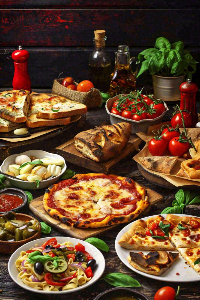 美食餐桌餐厅，烤肉披萨西餐水果红酒摄影图