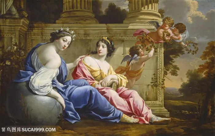 欧洲宫廷美女与天使油画图片