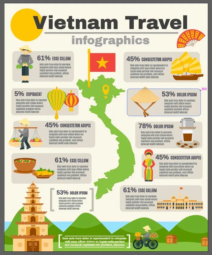 越南旅行信息摄影集越南旅行信息图集与标志山区平矢量插图