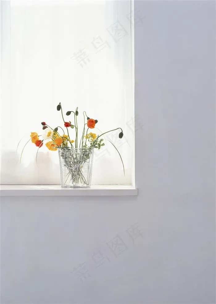 纯白温馨浪漫窗台小碎花简约家居室内花朵插画装饰品图片素材