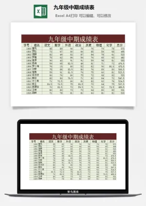 九年级中期成绩表excel模板预览图