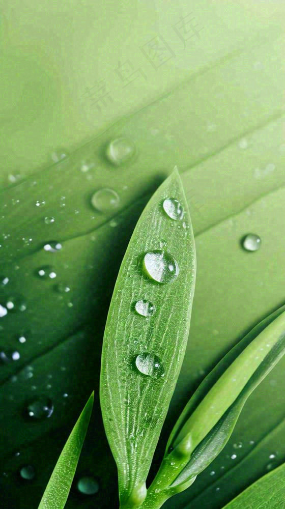 春天树叶草叶上晶莹剔透的水珠，雨水摄影图