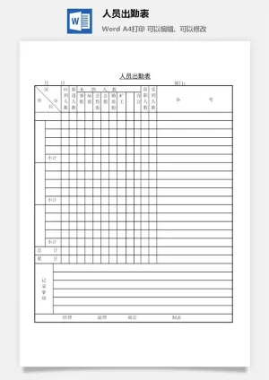 人员出勤表word模板预览图