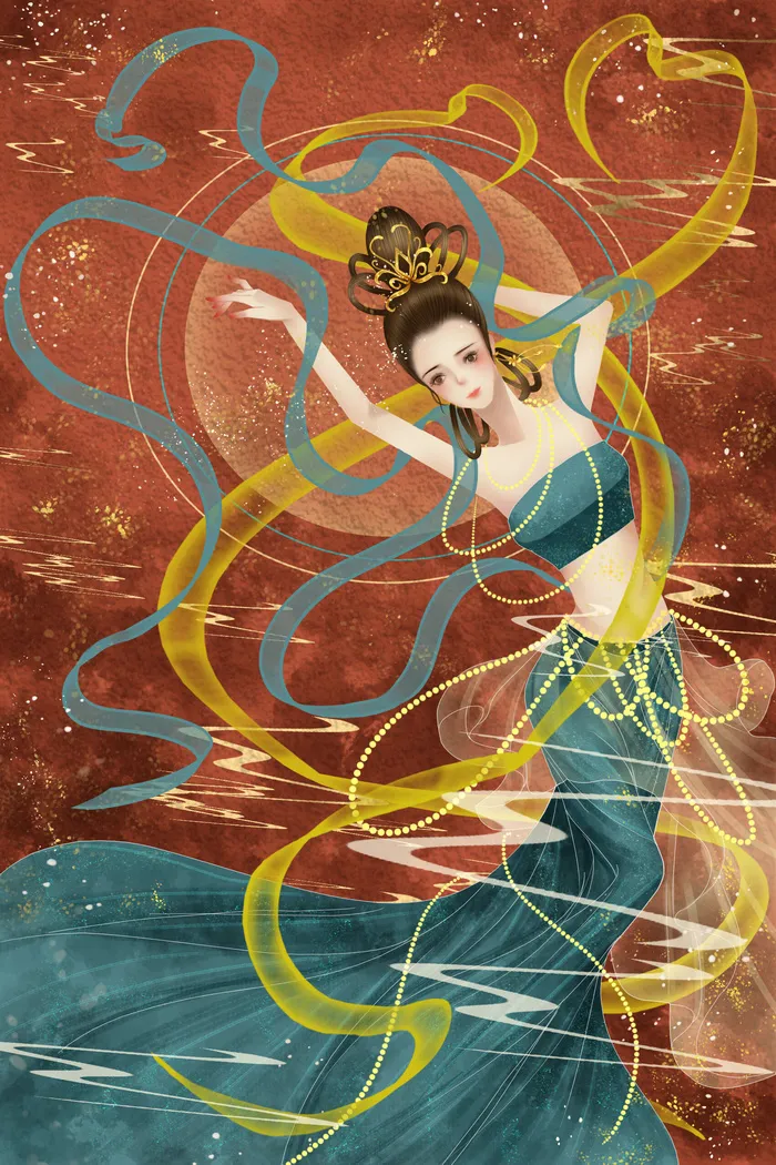 复古中国风国潮神话人物敦煌插画仙女手绘海报背景psd设计素材psd模版
