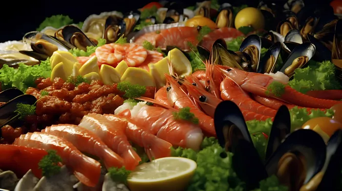 写实夏季海鲜三文鱼自助餐摄影
