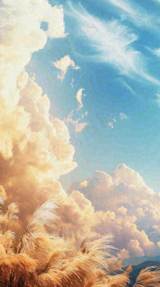 秋天蓝天户外芦苇草，立秋秋分摄影图