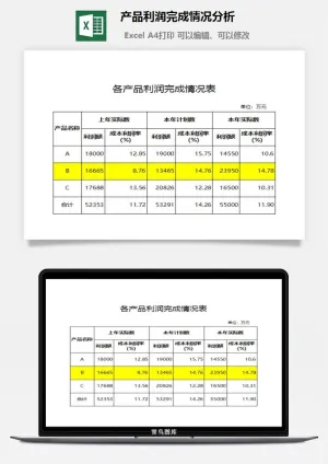 产品利润完成情况分析excel模板预览图