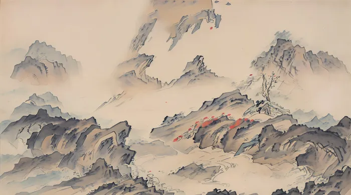 大气写意中国传统工笔画山水插画壁纸-飞崖