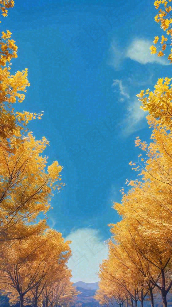 秋天蓝天白云下唯美公路旁的黄叶树木，秋分处暑摄影图