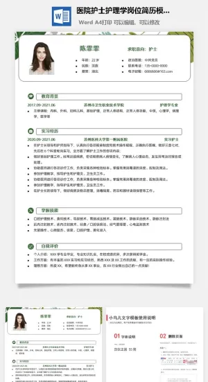 医院护士护理学岗位简历模板预览图