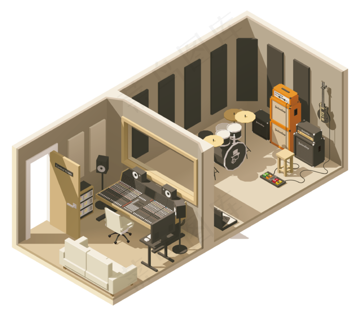 现代城市建筑背景矢量录音棚效果图