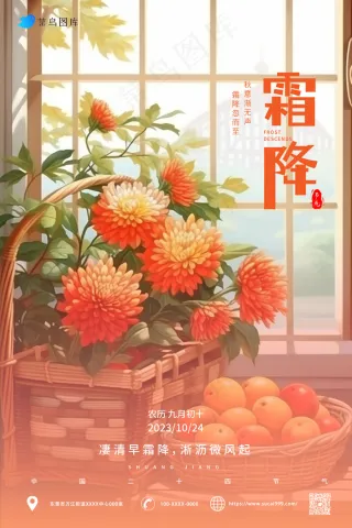 插画风 温馨 菊花  霜降节气海报