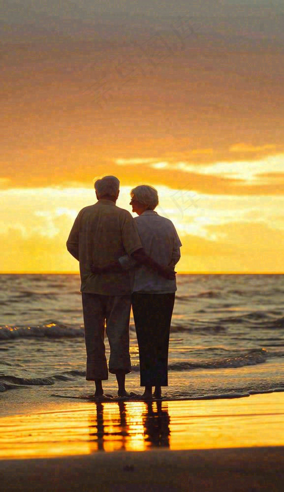 落日下老年人父母陪伴爱情，情人节温馨浪漫摄影图