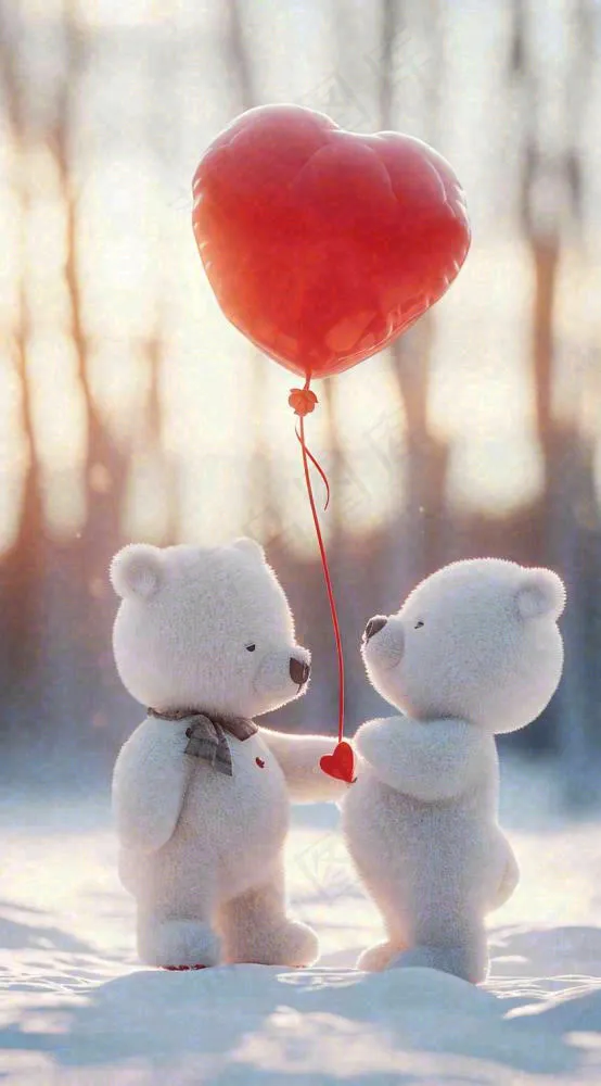 冬天爱心气球小熊浪漫情人节情人温馨，冬至小雪大雪摄影图