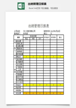 出纳管理日报表excel模板预览图