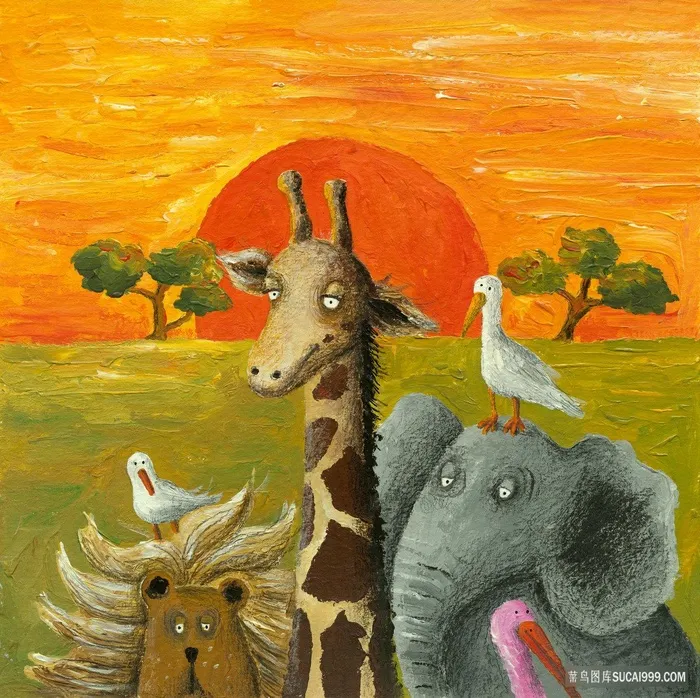 动物世界长颈鹿大象风景画油画