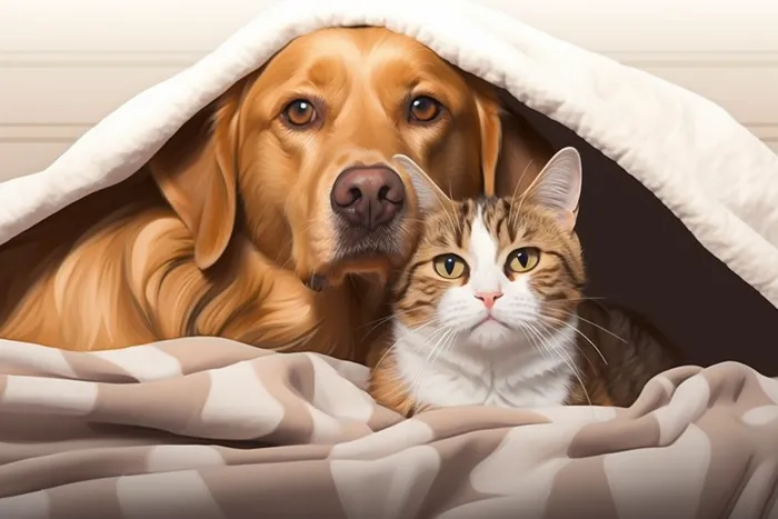 一只可爱的金毛狗和猫咪盖着毯子