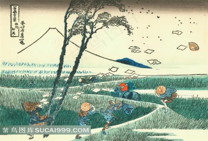 日本浮世绘迎风的农民素材