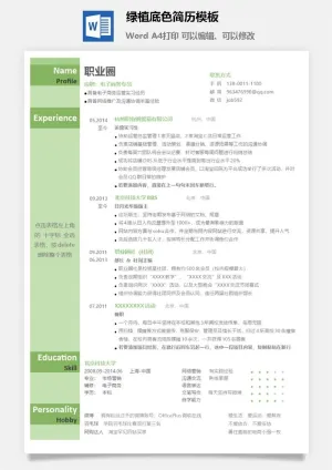 绿植底色简历模板预览图