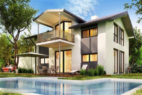 河边乡村别墅彩色插图epsai矢量模版下载