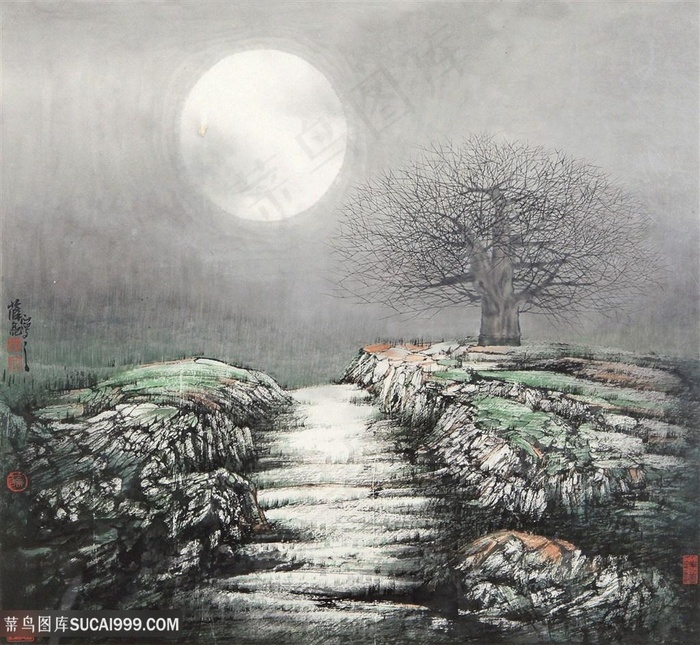 薛亮水墨画水墨山脉明月艺术挂画