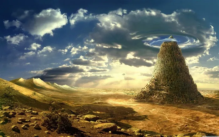 巴别塔幻想创意奇怪的山脉天空高清壁纸图片下载