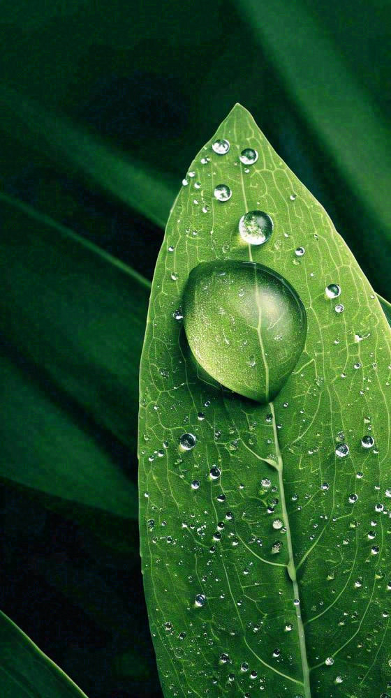 春天树叶草叶上晶莹剔透的水珠，雨水摄影图