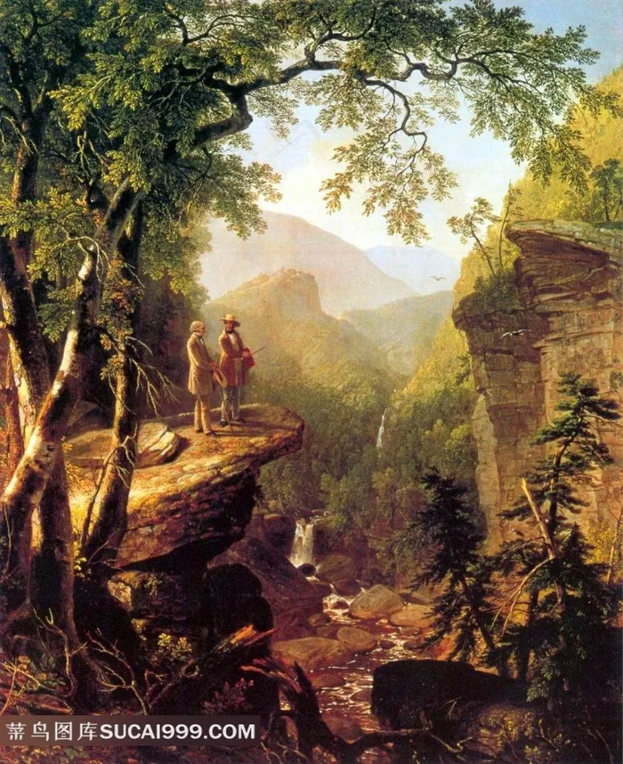 树林间悬崖上的两个人油画