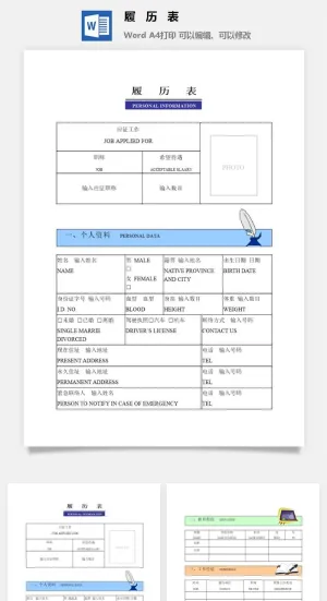 个人履历表word模板预览图