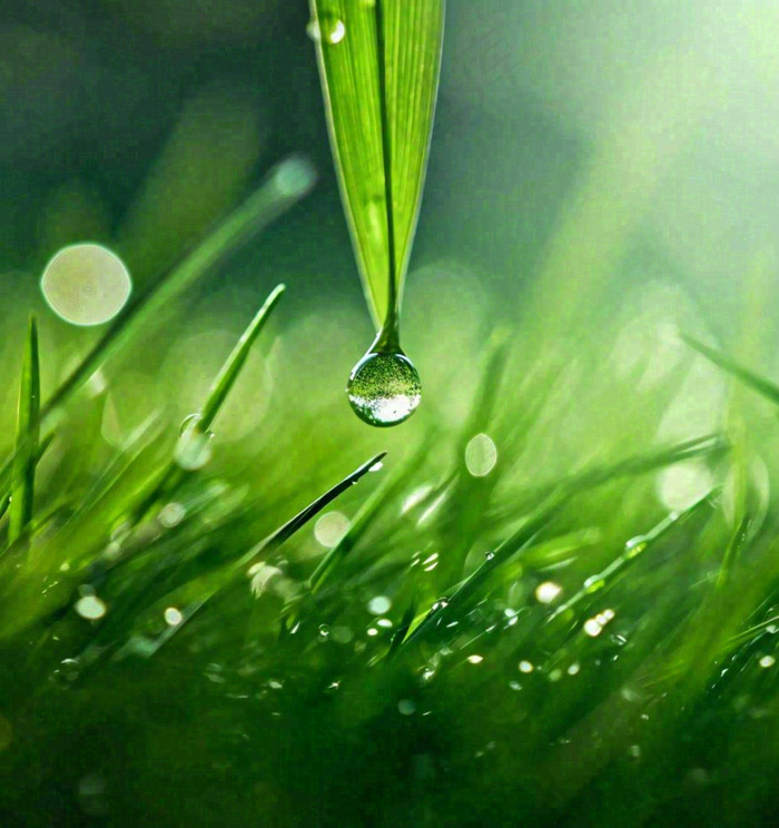 春天草地绿叶上的露珠，惊蛰雨水谷雨摄影图