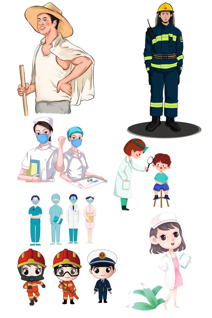 手绘五一劳动节消防员警察插画劳动节人物插画