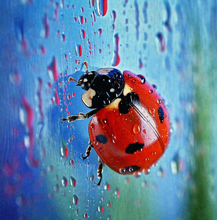 玻璃雨水下的绿叶昆虫七星瓢虫，彩色植物摄影图