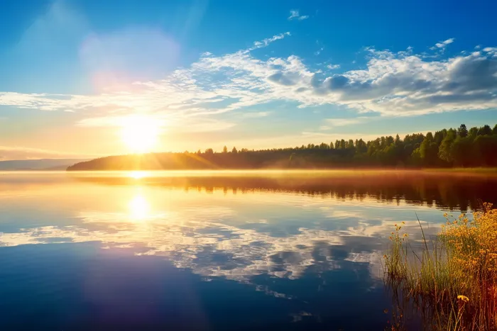 阳光明媚的一天，夏天的早晨，平静的湖面太阳落在平静的湖面上摄影图