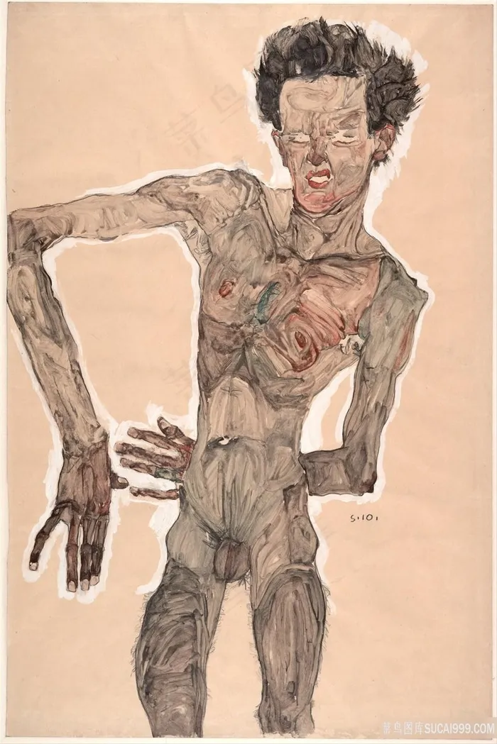 埃贡 · 席勒(1890-1918)-裸体自画像，鬼脸油画图片