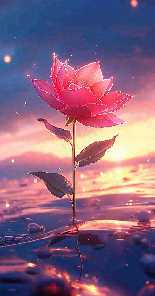 海平面上渐变落日前的一支粉色玫瑰花鲜花花朵，鲜艳爱情
