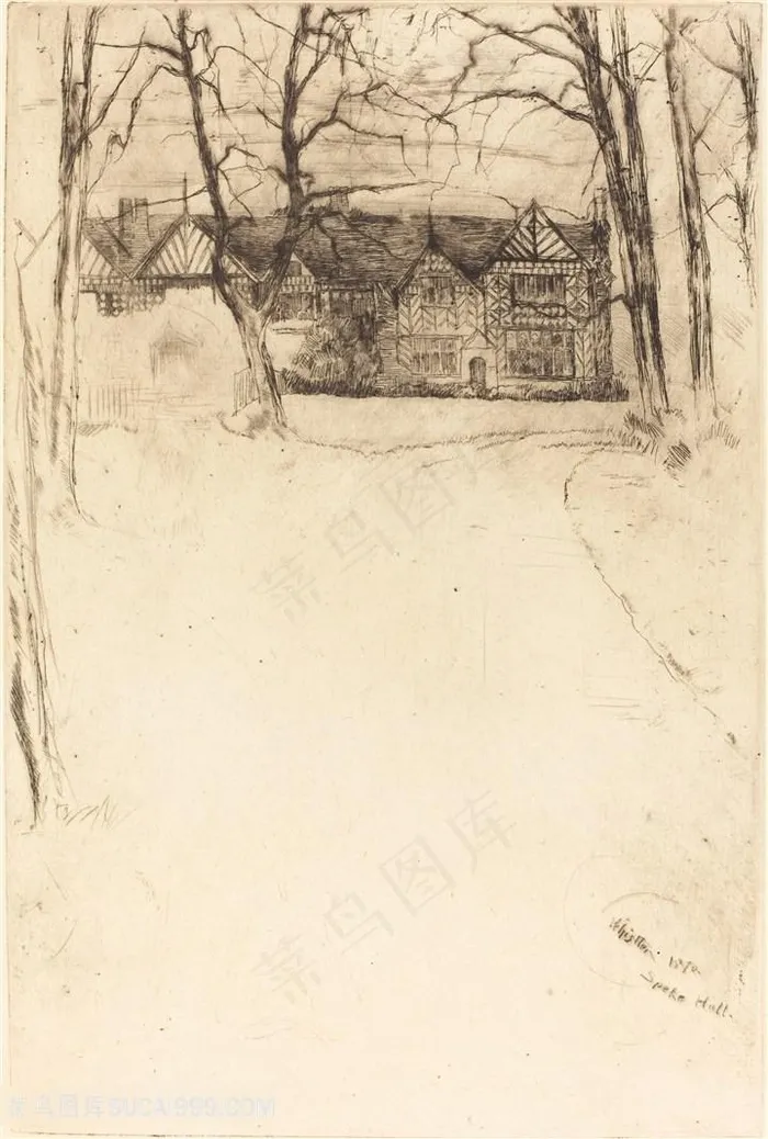 惠斯勒素描大树房子装饰画