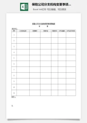 保险公司分支机构变更事项明细表excel模板预览图